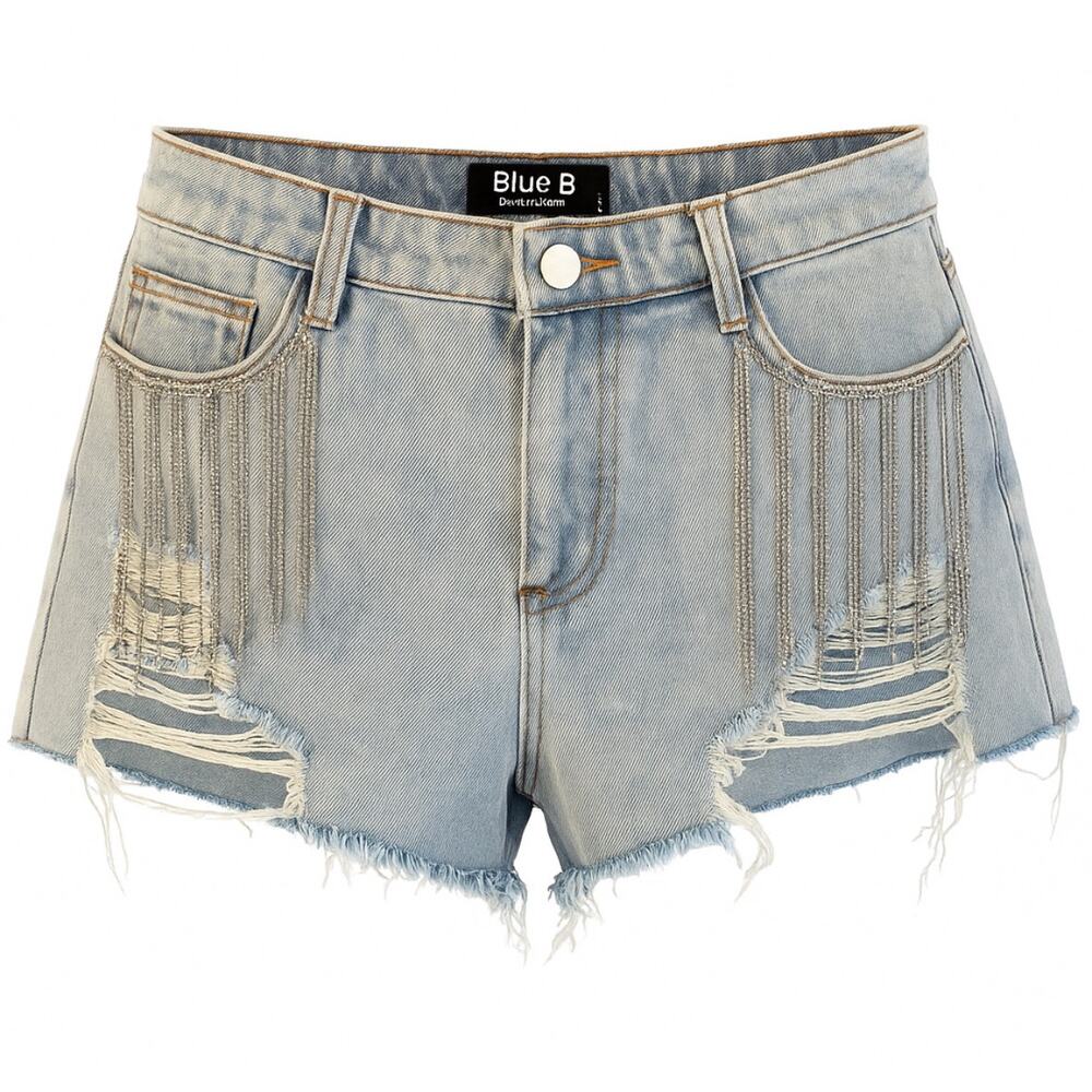 Blue B Rhinestone Fringe Distressed Denim Jean Shorts Women’s Size Large